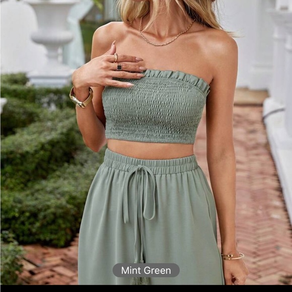 SHEIN VCAY Solid Tube Top & Tie Front Pants mint green - Picture 3 of 4